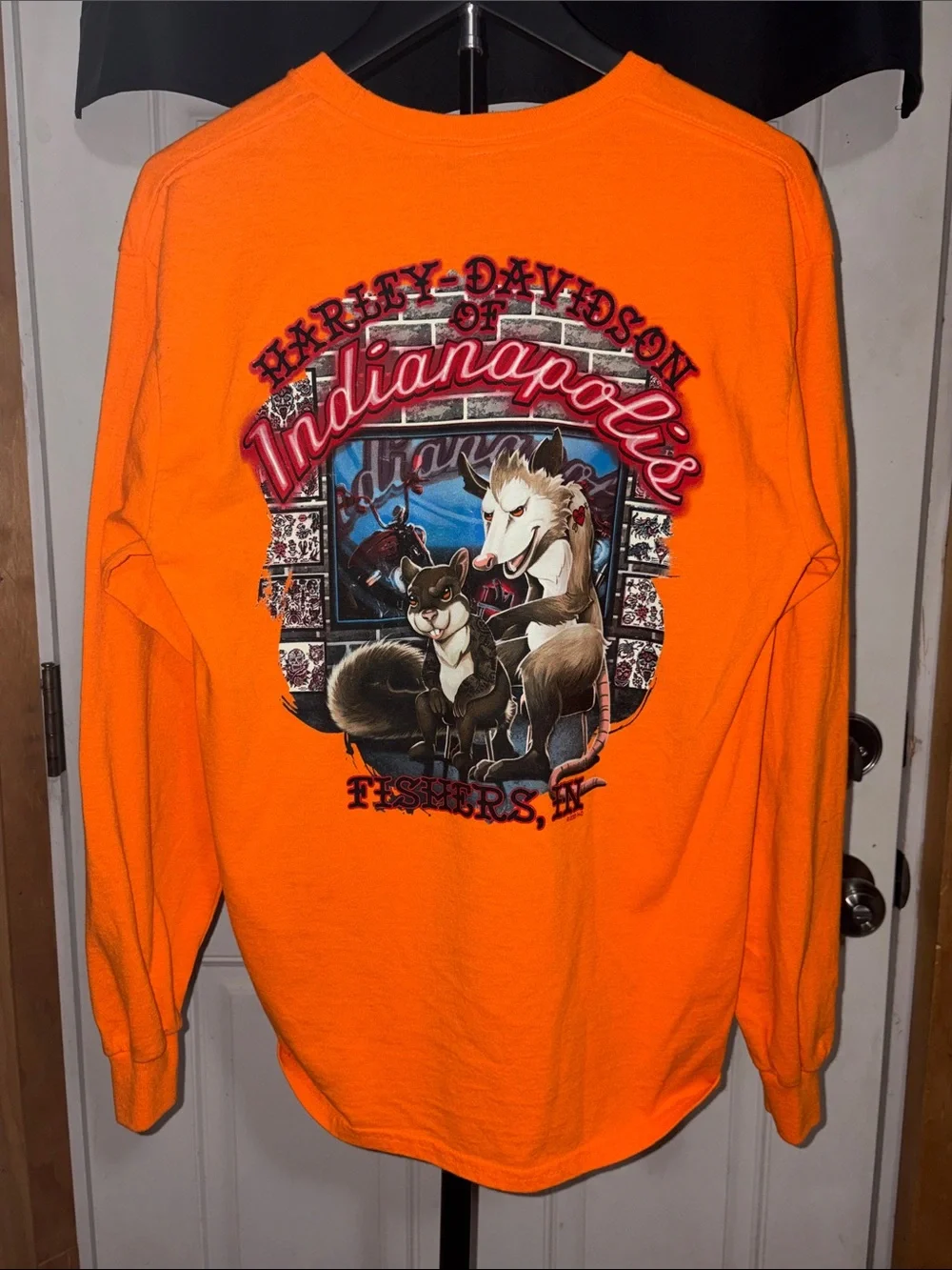 Harley Davidson Long Sleeve Orange Double Graphic with Possum&Squirrel Tattoo
